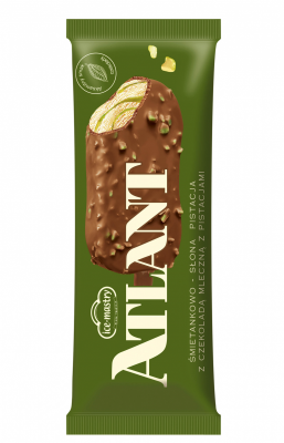 ATLANT o smaku śmietankowym z sosem pistacjowym w czekoladzie mlecznej z kawałkami pistacji prażonych